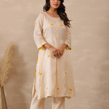 Off White Russian Silk Embroidered Kurti Set