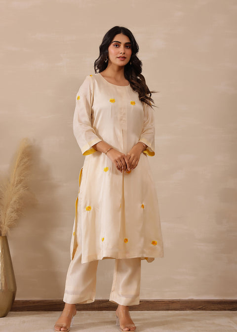 <img> Off White Russian Silk Embroidered Kurti Set