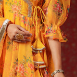 Saffron Yellow Organza Floral Printed Anarkali Set