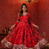 Deep Scarlet Red Organza Printed Anarkali Set