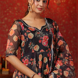 Woodsmoke Black Organza Floral Printed Anarkali Set