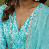 Ice Blue Cotton Floral Printed Kurti Set