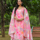 Multicolour Pink Georgette Floral Embroidered Kurti Set