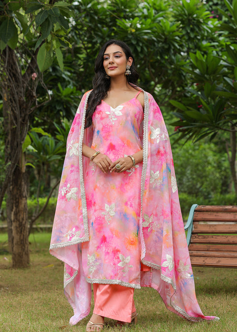 <img> Multicolour Pink Georgette Floral Embroidered Kurti Set