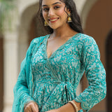Teal Blue Cotton Floral Printed Anarkali Set