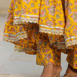 Saffron Yellow Cotton Floral Printed Anarkali Set
