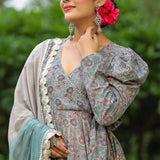 Granny Grey Cotton Floral Printed Anarkali Set