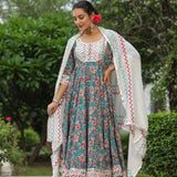 Persian Green Cotton Floral Printed Anarkali Set