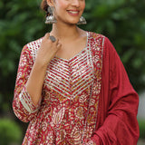 Mexican Red Cotton Floral Printed Anarkali Set