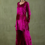 Dark Pink Velvet Short Kurta And Sharara Set