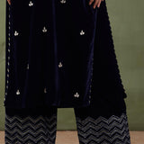Embroidered Dark Blue Velvet Straight Kurta Set With Dupatta