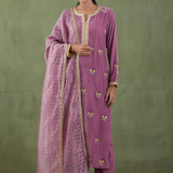 Embroidered Lilac Straight Kurta And Pant With Banarashi Strip Dupatta