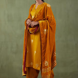 Mustard Foil Printed Mashru Silk Straight Kurta And Salwar With Velvet Shawl Set