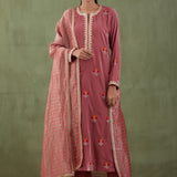 Embroidered Rose Pink Straight Kurta And Pant With Banarasi Strip Dupatta