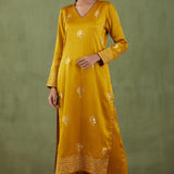 Floral Foil Print Mustard Straight Kurta And Pant