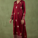 Floral Foil Print Dark Maroon Straight Kurta Set