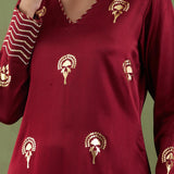 Floral Foil Print Dark Maroon Straight Kurta Set With Velvet Dupatta