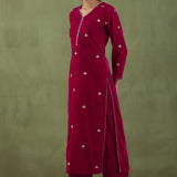 Rani Red Velvet Straight Kurta Set With Dupatta