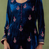 Peacock Blue Velvet Straight Kurta Set And Pant With Gotta Dupatta