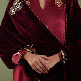 Maroon Foil Printed Mashru Silk Straight Kurta And Salwar With Velvet Shawl Set