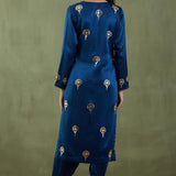 Dark Blue Foil Printed Mashru Silk Straight Kurta And Salwar With Velvet Shawl Set