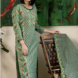 Dark Green Suit Set With Printed Floral Patterns
