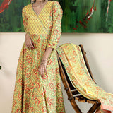 Block Printed Yellow Cotton Suit Set With Floral Patterns