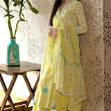 Yellow Block Printed V-Neckline Cotton Kurta Set With Floral Design