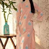 Bright Peach Block Printed Cotton Kurta Set With Floral Pattern