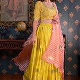 Lemon Yellow Foil Printed Cotton Silk Lehenga Set With Dupatta