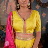 Lemon Yellow Printed Cotton Silk Lehenga Set With Dupatta