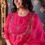 Hand Embroidery Rani Pink Cotton Silk Kurta Set