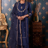 Hand Embroidery Navy Blue Cotton Silk Kurta Set