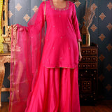 Hand Embroidery Bright Pink Cotton Silk Sharara Set