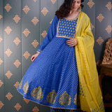 Royal Blue Butti Chandary With Block Print Kurti Set