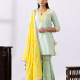 Sea Green Dori Embroidered Short Kurta Gharara Set