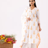 Ivory A-Line Block Printed Cotton Kurta And Palazzo Set