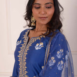 Dark Blue Foil Block Print Kurta Sharara Set With Dupatta