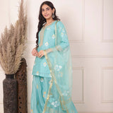 Turquoise Blue Foil Block Print Kurta Sharara Set With Dupatta
