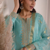 Aqua Blue Chanderi Anarkali With Pant And Dupatta