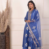 Dark Blue Chanderi Anarkali With Pant And Dupatta