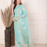 Turquoise Blue Chanderi Straight Kurti With Pant And Dupatta