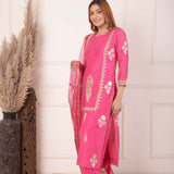 Pink Chanderi Straight Kurti With Pant And Dupatta
