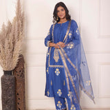 Blue Chanderi Straight Kurti With Pant And Dupatta