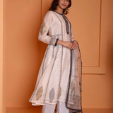 Ivory Foil Block Print Anarkali Set With Black Lace Work