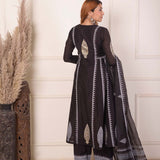 Black Foil Block Print Anarkali Set With White Lace Work