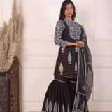 White Foil Block Print Gharara Set With White Lace Work