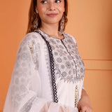 Black Foil Block Print Gharara Set With White Lace Work