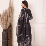 White Foil Block Print Straight Kurta Set With Black Lace Work