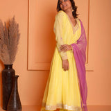 Yellow Embroidery Kurta Palazzo Set With Contrast Dupatta
